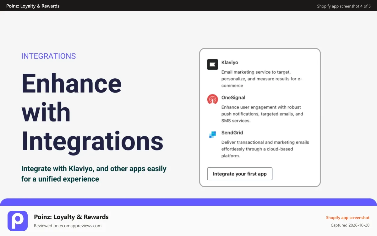 Poinz: Loyalty & Rewards Shopify app screenshot: Enhance with Integrations