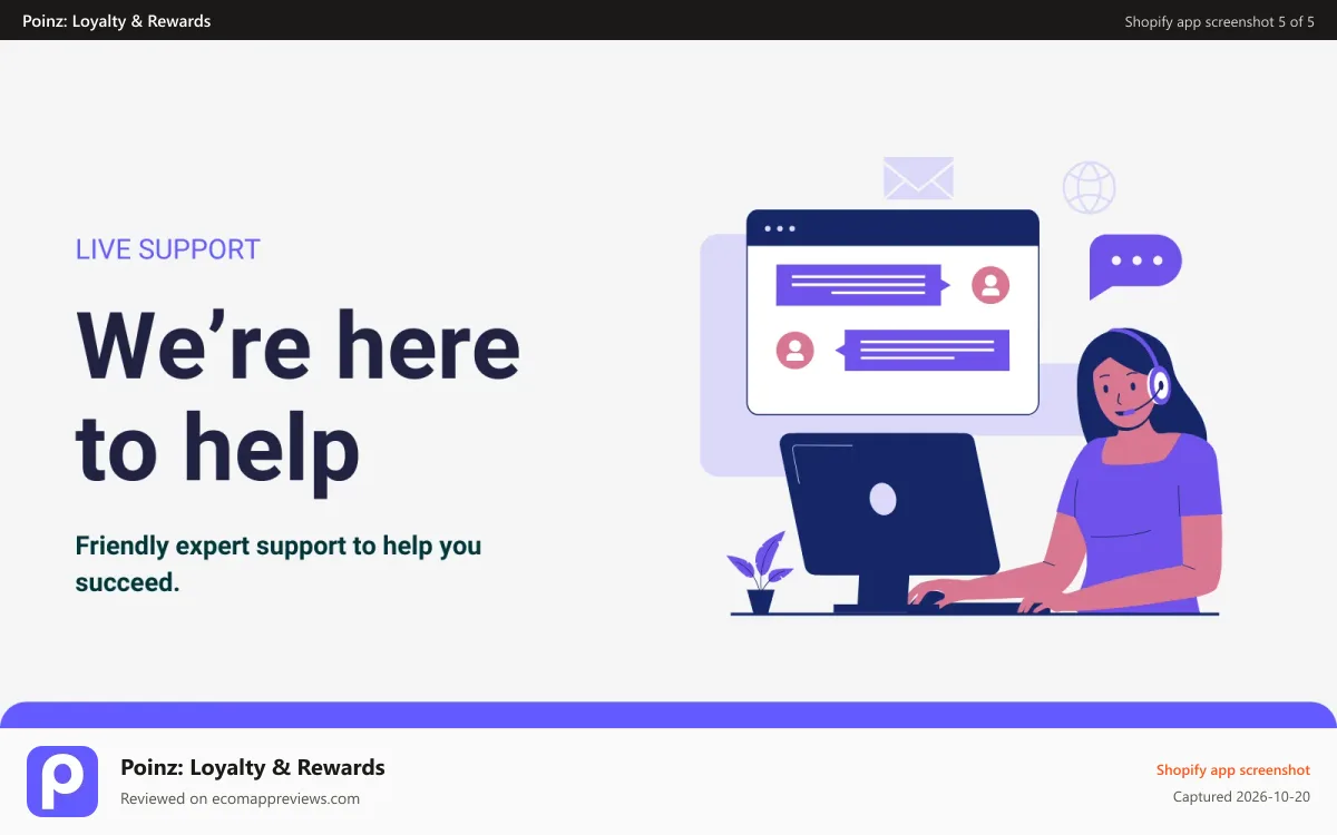 Poinz: Loyalty & Rewards Shopify app screenshot: Live Support. Connect with Us for Assistance.