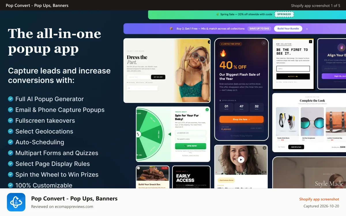 Pop Convert ‑ Pop Ups, Banners Shopify app screenshot: The all-in-one popup app