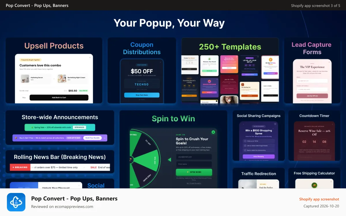Pop Convert ‑ Pop Ups, Banners Shopify app screenshot: Your Popup, Your Way