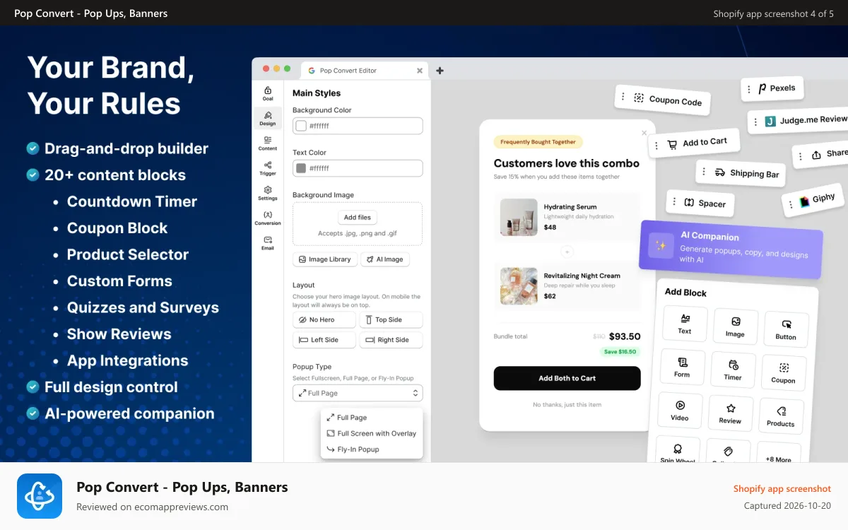 Pop Convert ‑ Pop Ups, Banners Shopify app screenshot: Your Brand, Your Rules