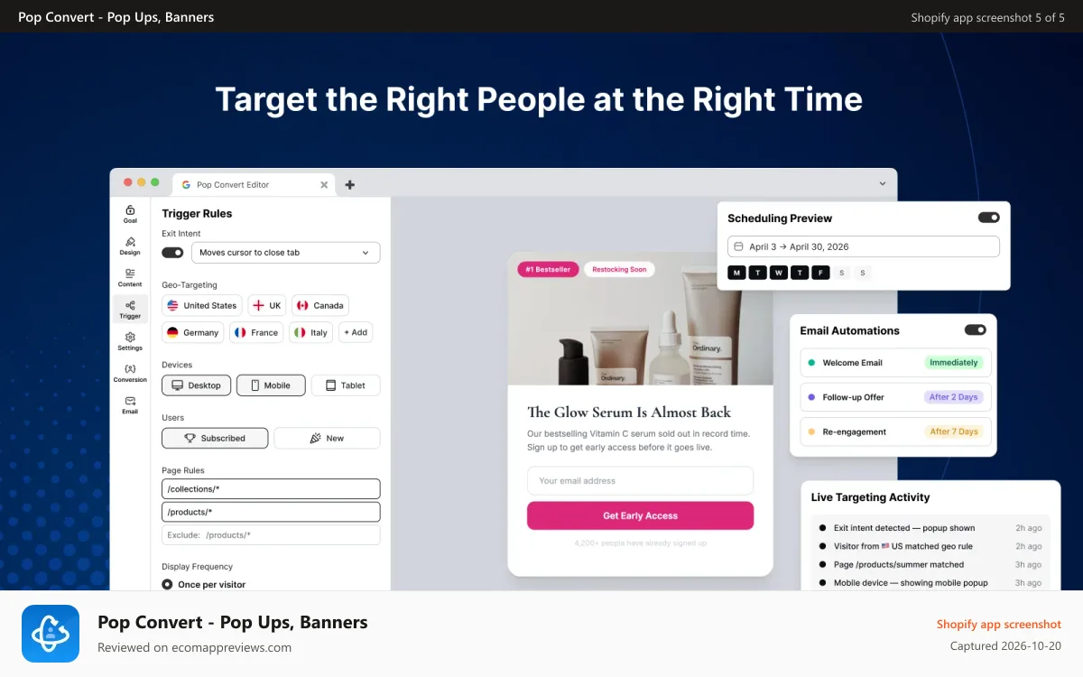 Pop Convert ‑ Pop Ups, Banners Shopify app screenshot: Target the Right People at the Right Time