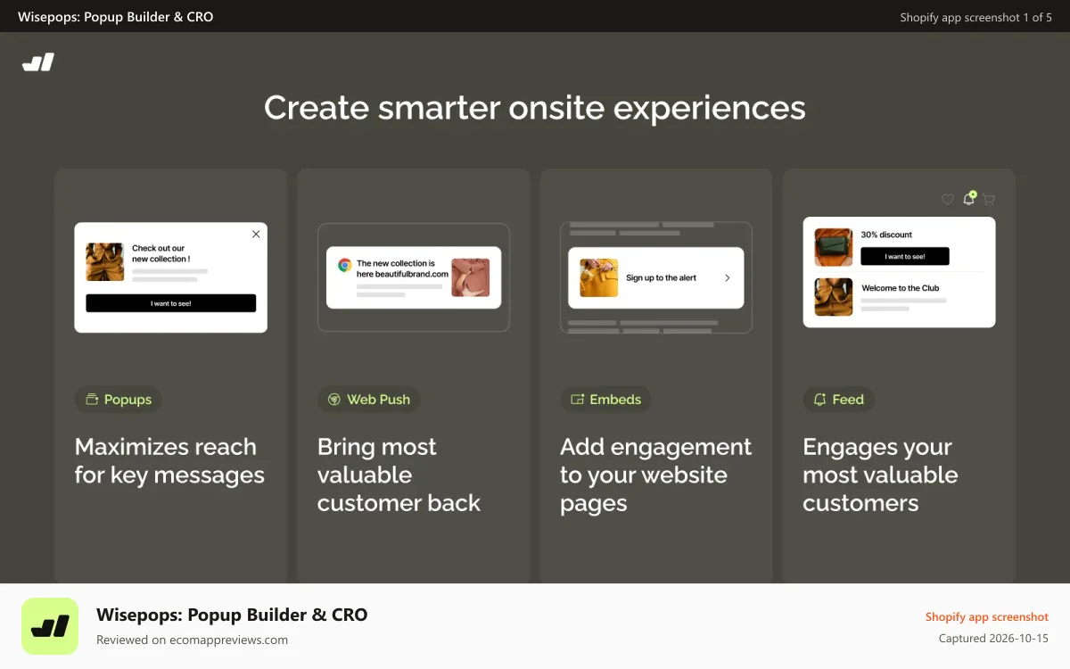 Wisepops: Popup Builder & CRO Shopify app screenshot: CRO - AI Popups, Notifications, Web Push
