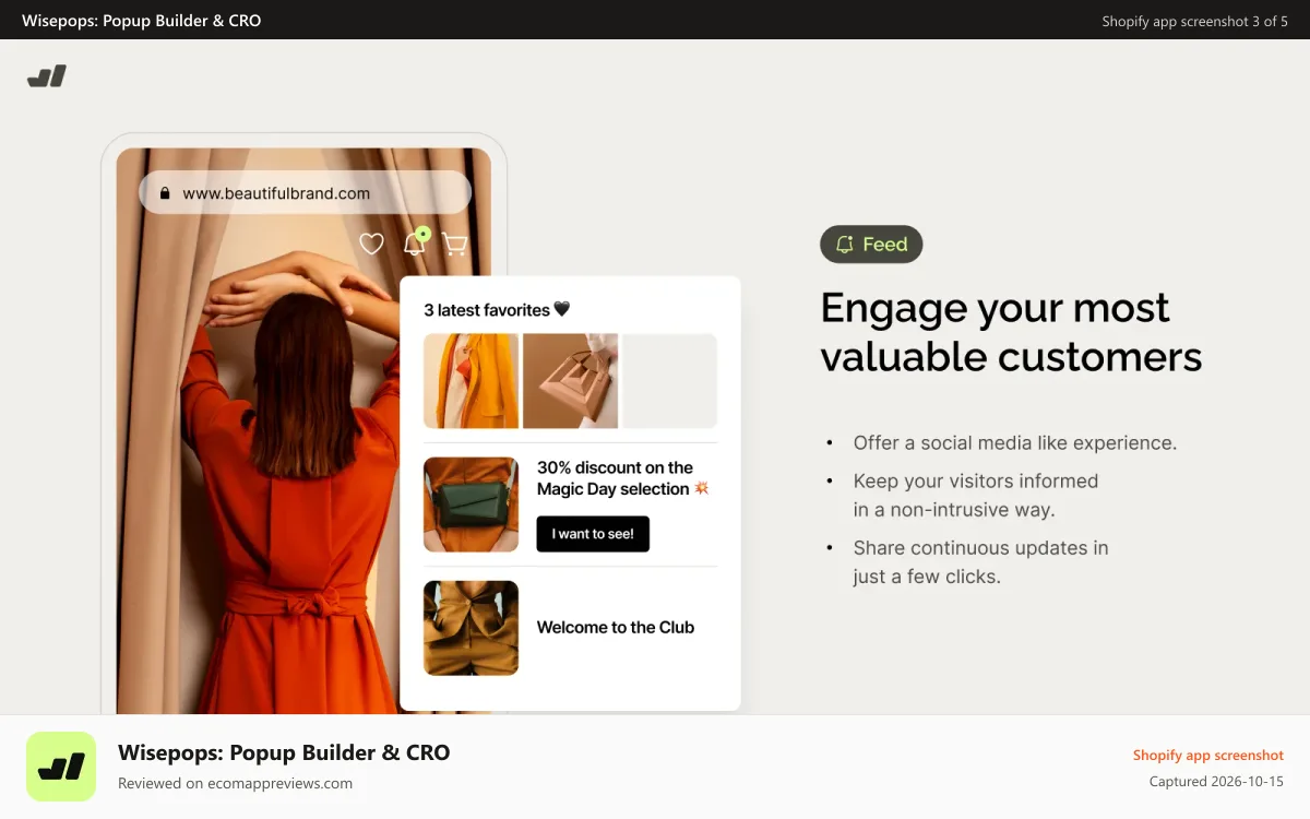 Wisepops: Popup Builder & CRO Shopify app screenshot: Next-generation channel, non-intrusive and super easy to use
