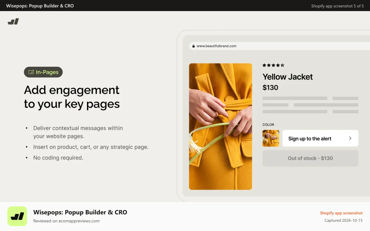 Wisepops: Popup Builder & CRO Shopify app screenshot: Personalized banners directly on product or cart pages