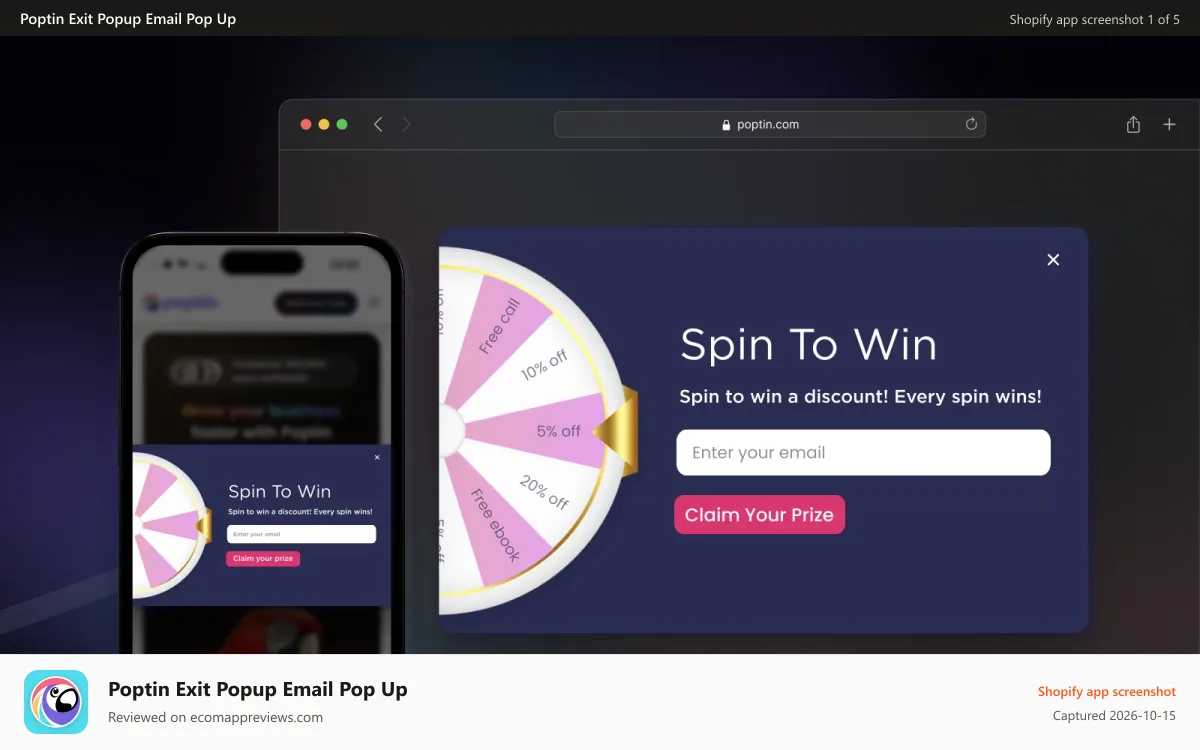 Poptin Exit Popup Email Pop Up Shopify app screenshot: Spin the wheel pop up - Spin to win popup