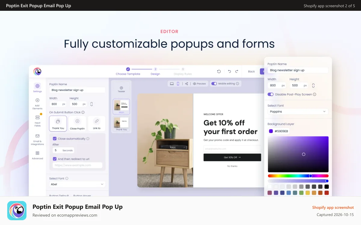 Poptin Exit Popup Email Pop Up Shopify app screenshot: Customize Your Pop ups and Embedded Forms