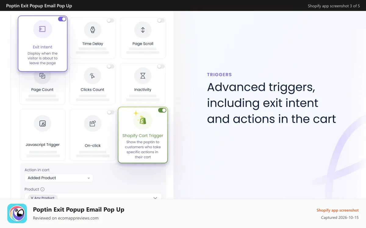Poptin Exit Popup Email Pop Up Shopify app screenshot: Choose Smart Triggers, Exit Intent & cart trigger included!