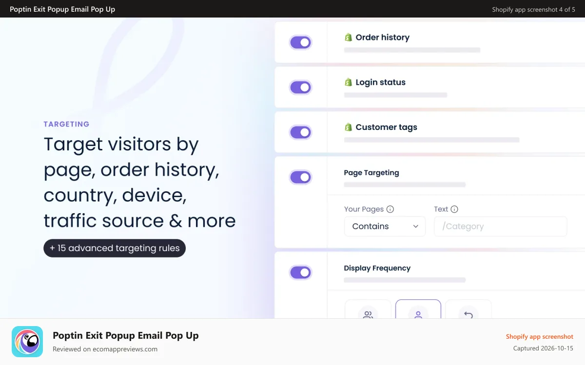 Poptin Exit Popup Email Pop Up Shopify app screenshot: Advanced targeting options - pages, countries, orders and more