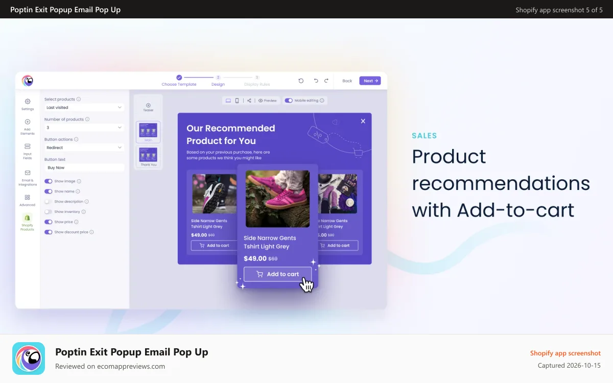Poptin Exit Popup Email Pop Up Shopify app screenshot: Product recommendations pop ups - Upsell popup