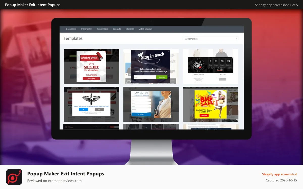 Popup Maker Exit Intent Popups Shopify app screenshot: popup templates