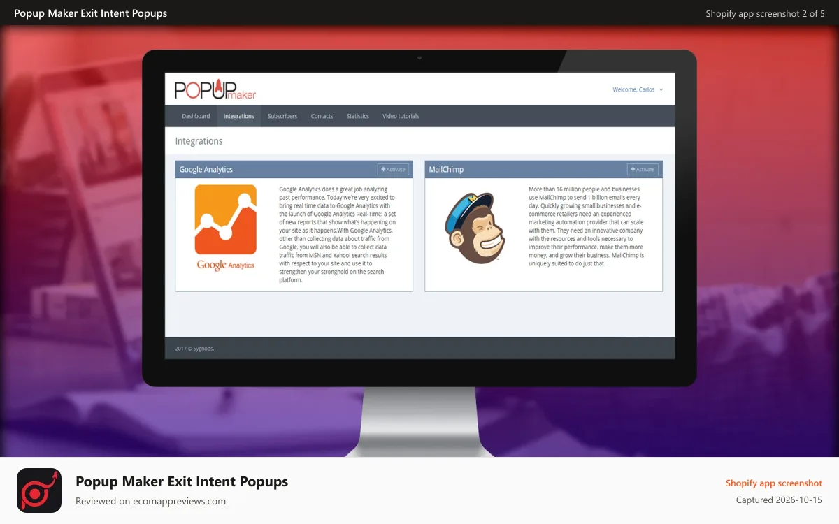 Popup Maker Exit Intent Popups Shopify app screenshot: dozens of integrations