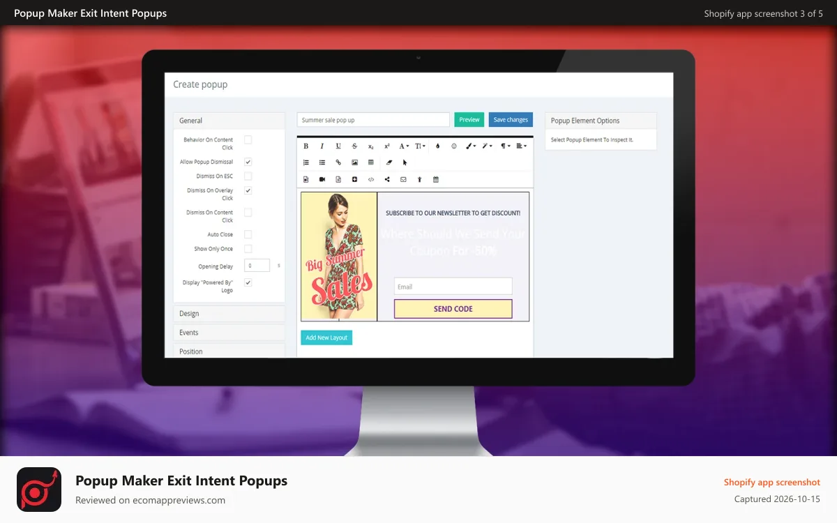 Popup Maker Exit Intent Popups Shopify app screenshot: WYSIWYG friendly editor