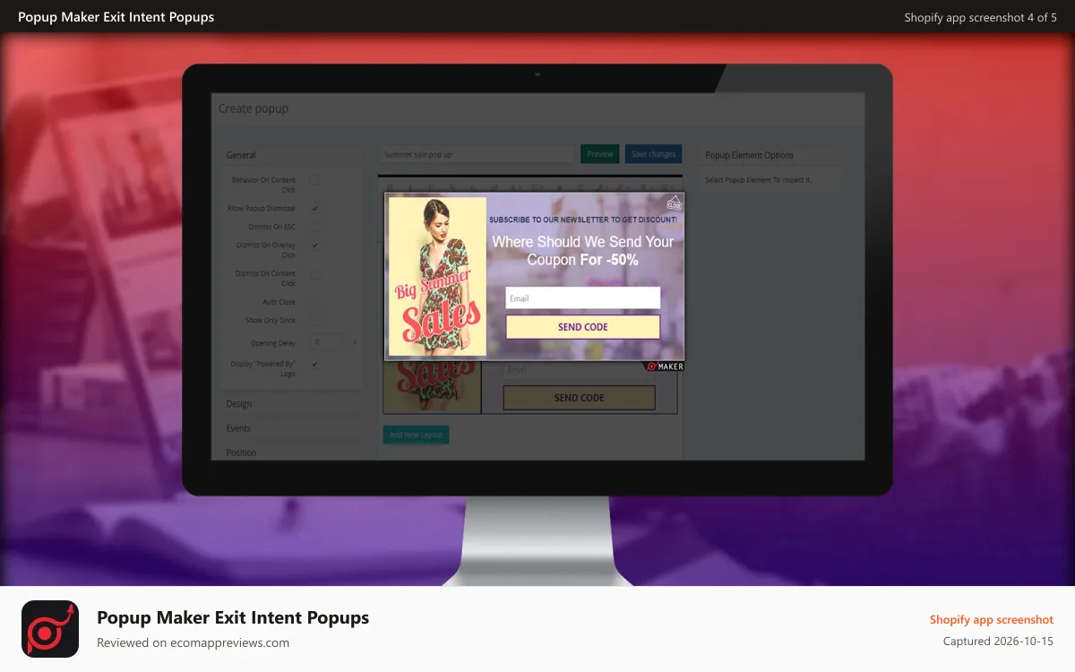 Popup Maker Exit Intent Popups Shopify app screenshot: preview popup