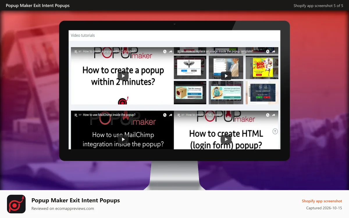 Popup Maker Exit Intent Popups Shopify app screenshot: video tutorials to get started
