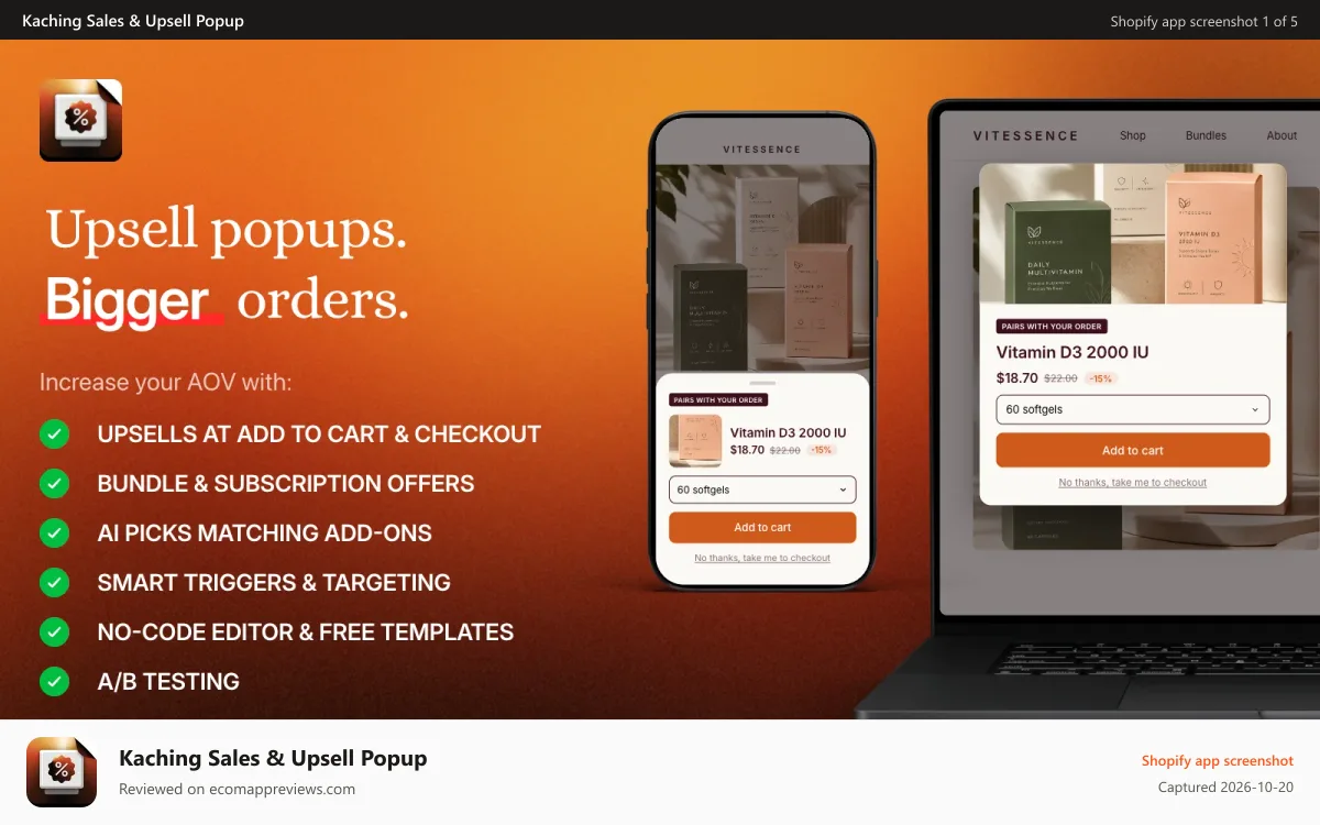 Kaching Sales & Upsell Popup Shopify app screenshot: Upsell popups for bigger orders on mobile and desktop.