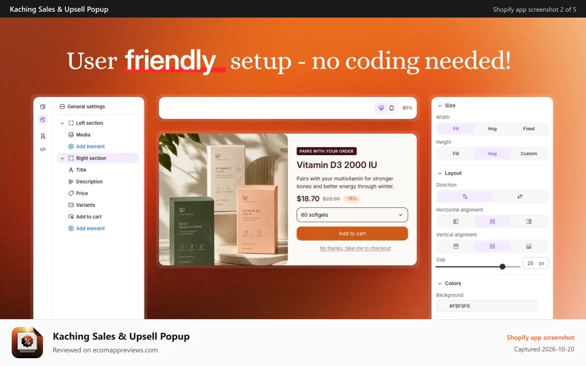 Kaching Sales & Upsell Popup Shopify app screenshot: User friendly setup - no coding needed!