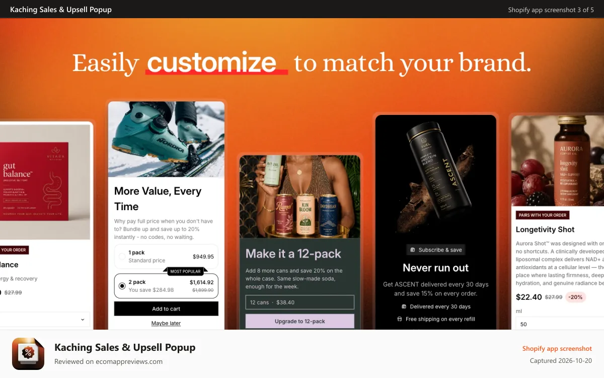 Kaching Sales & Upsell Popup Shopify app screenshot: Easily customize upsell popups to match your brand.