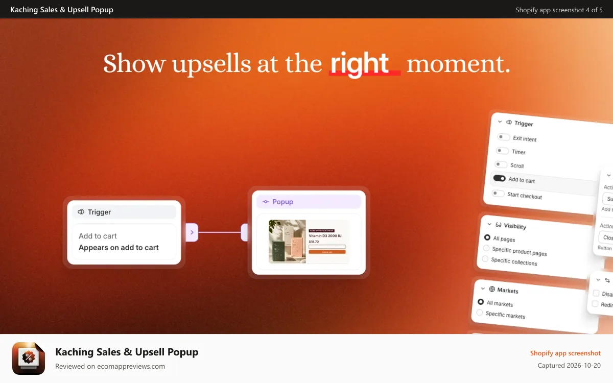 Kaching Sales & Upsell Popup Shopify app screenshot: Show upsells at the right moment with smart triggers.