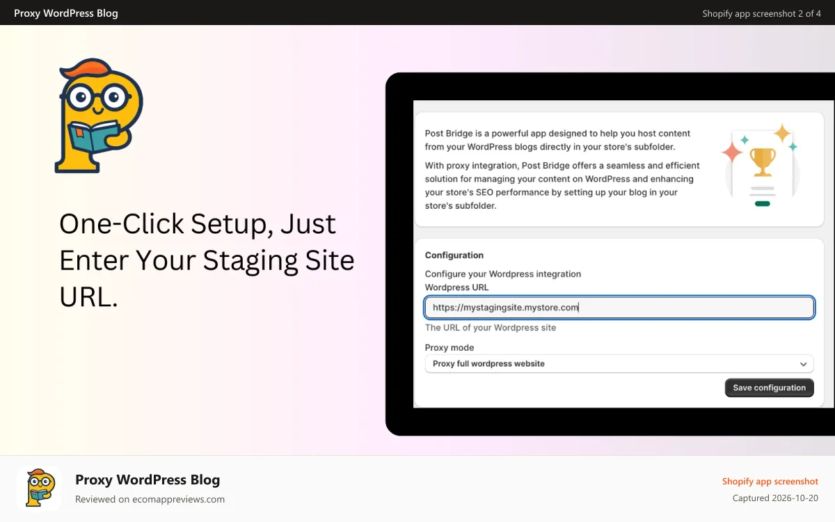 Proxy WordPress Blog Shopify app screenshot: One-click Setup