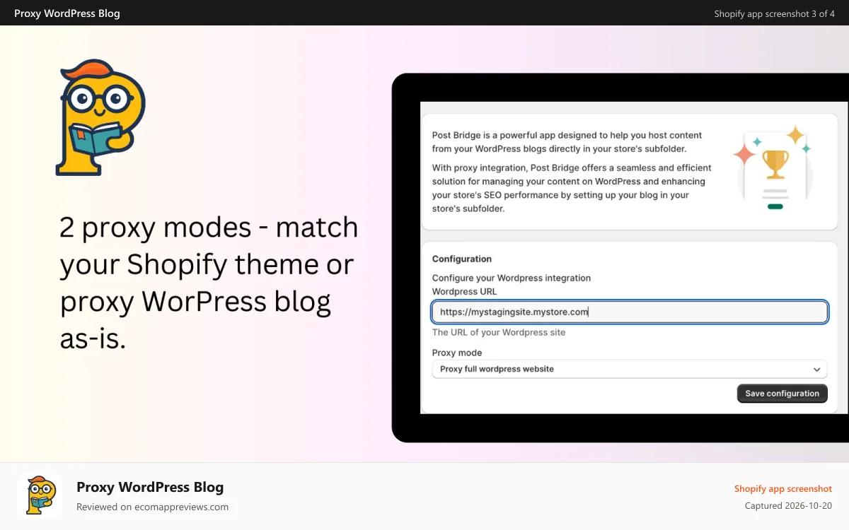 Proxy WordPress Blog Shopify app screenshot: match storefront or proxy wordpress as-is