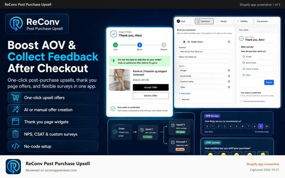 ReConv Post Purchase Upsell Shopify app screenshot: Post Purchase Upsell - One Click UpSell