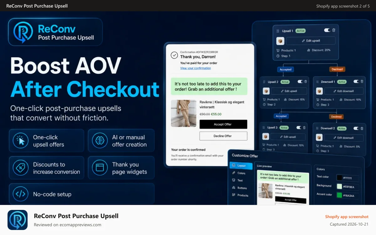 ReConv Post Purchase Upsell Shopify app screenshot: Upsell Funnel builder