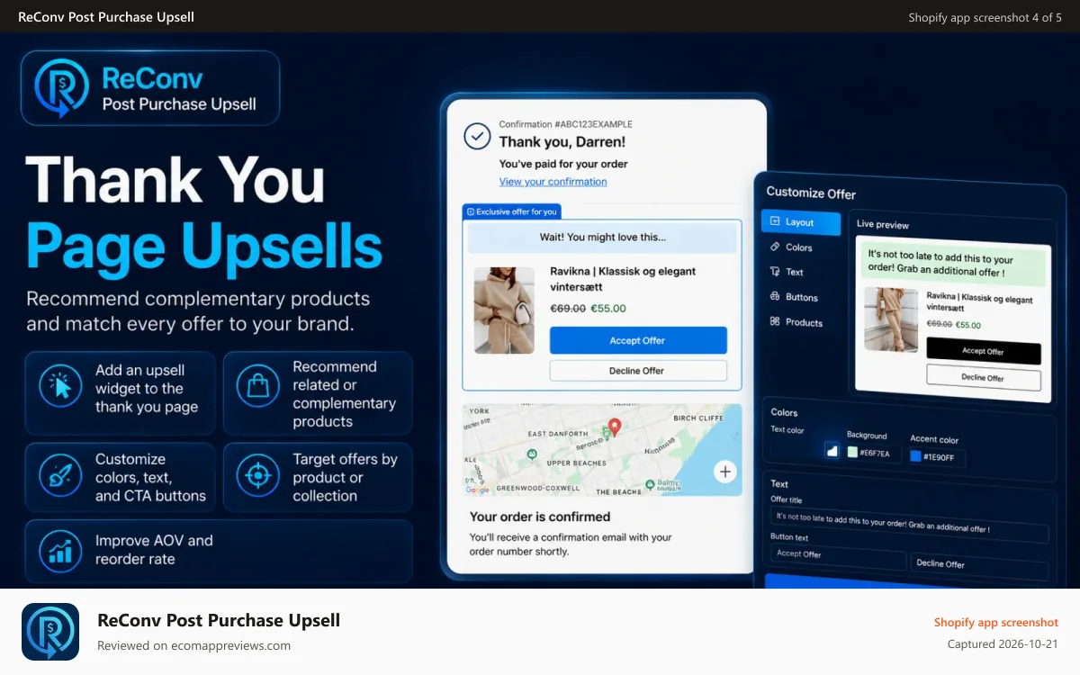 ReConv Post Purchase Upsell Shopify app screenshot: thank you page upsell aftersell