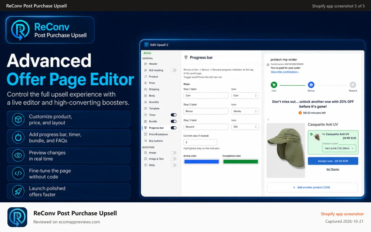ReConv Post Purchase Upsell Shopify app screenshot: edit upsell funnel reconvert