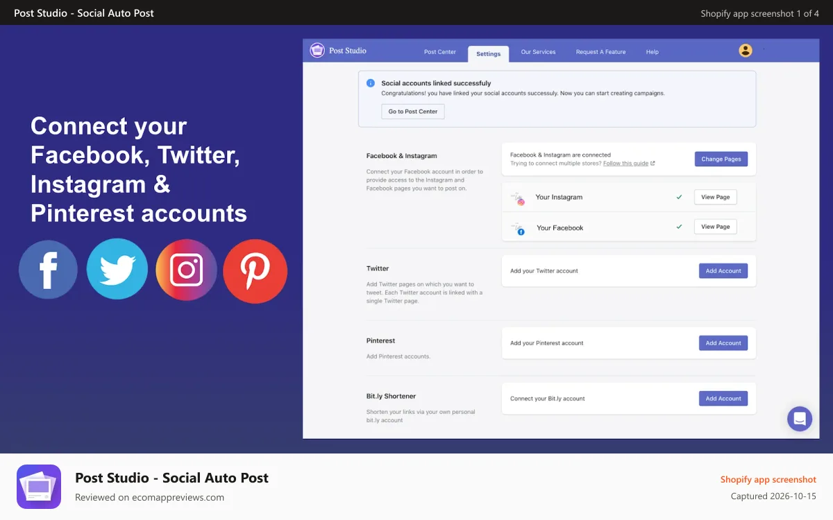 Post Studio ‑ Social Auto Post Shopify app screenshot: Connect Facebook, Twitter, Instagram & Pinterest