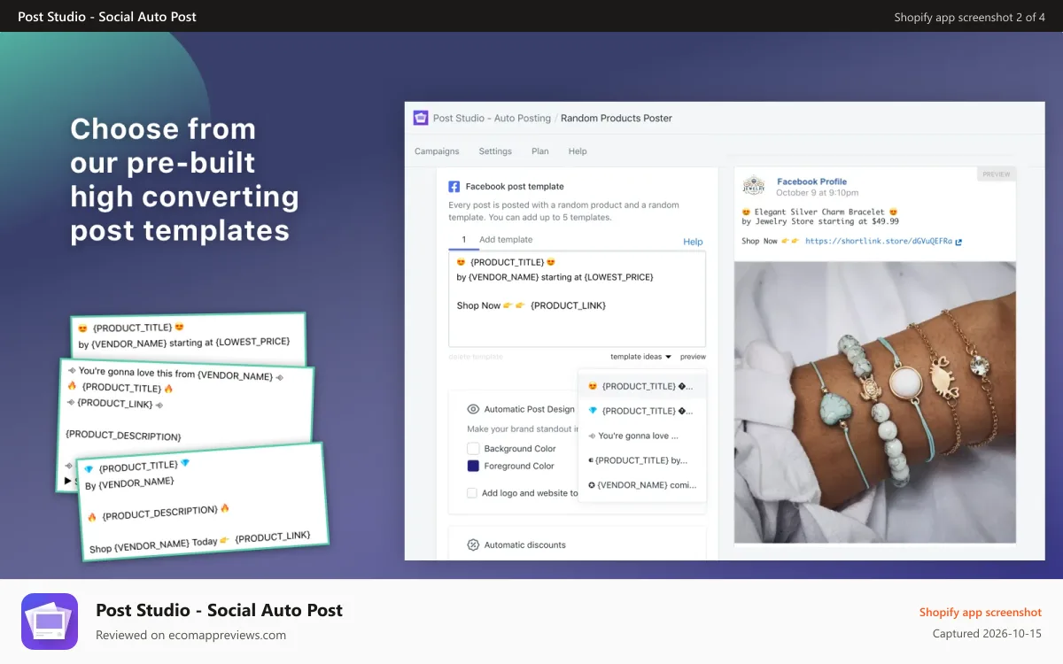 Post Studio ‑ Social Auto Post Shopify app screenshot: Attract users with post templates and product video