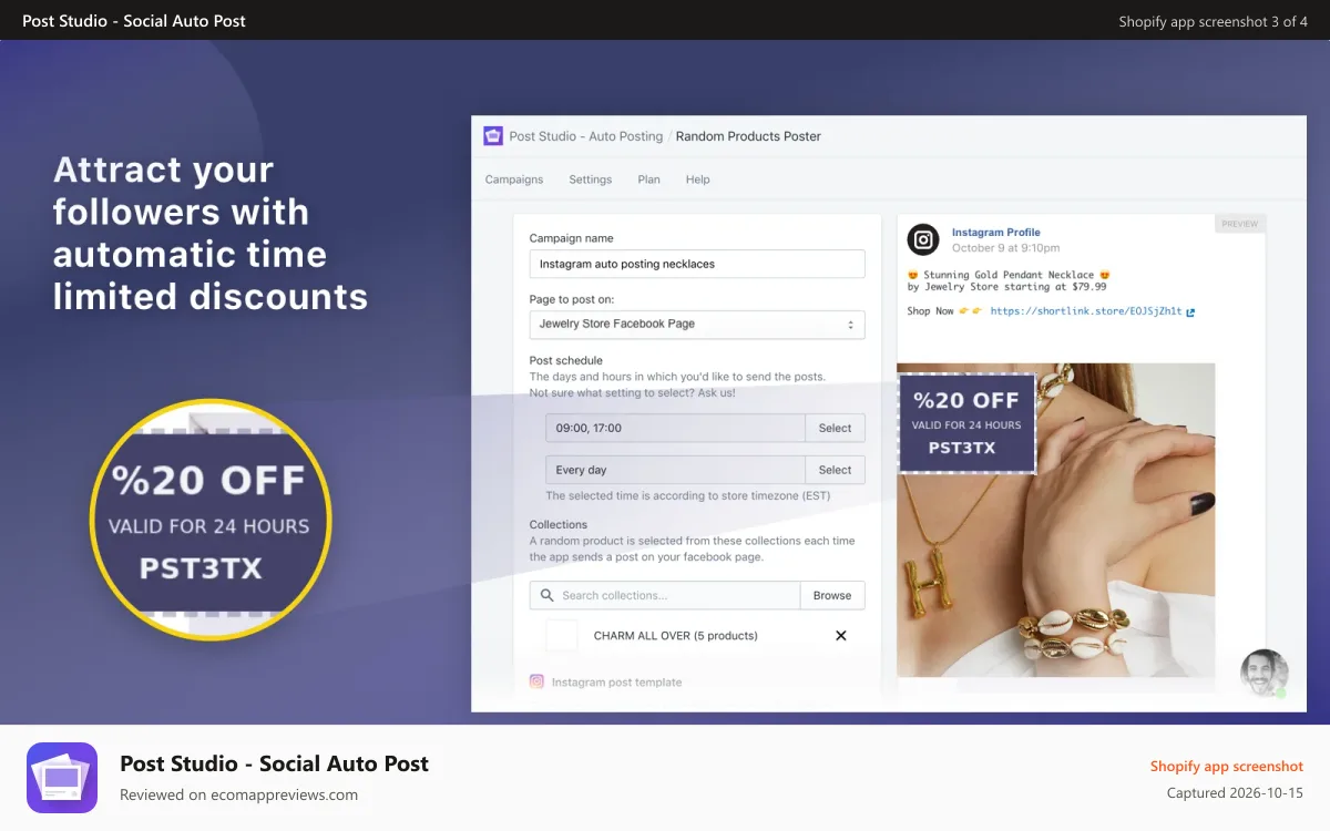 Post Studio ‑ Social Auto Post Shopify app screenshot: Attract your followers with discounts, and product releases