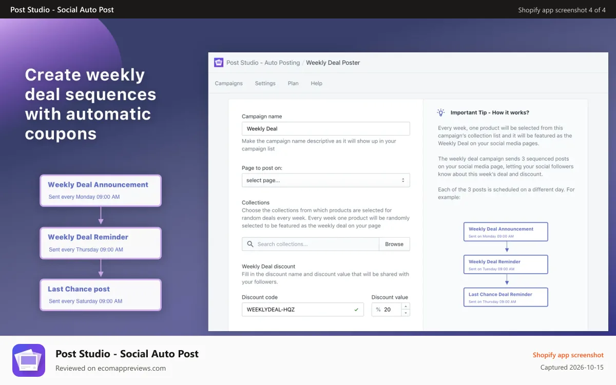 Post Studio ‑ Social Auto Post Shopify app screenshot: Create weekly deal sequences and product video