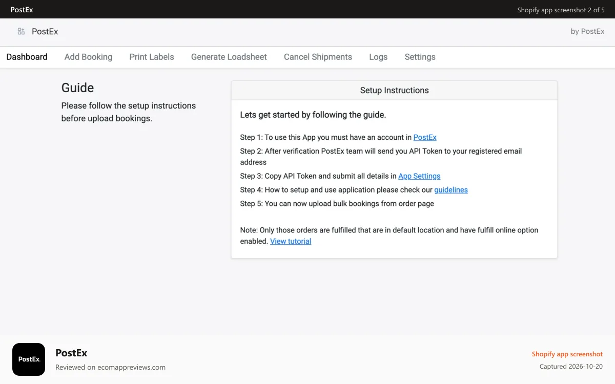 PostEx Shopify app screenshot: Guide
