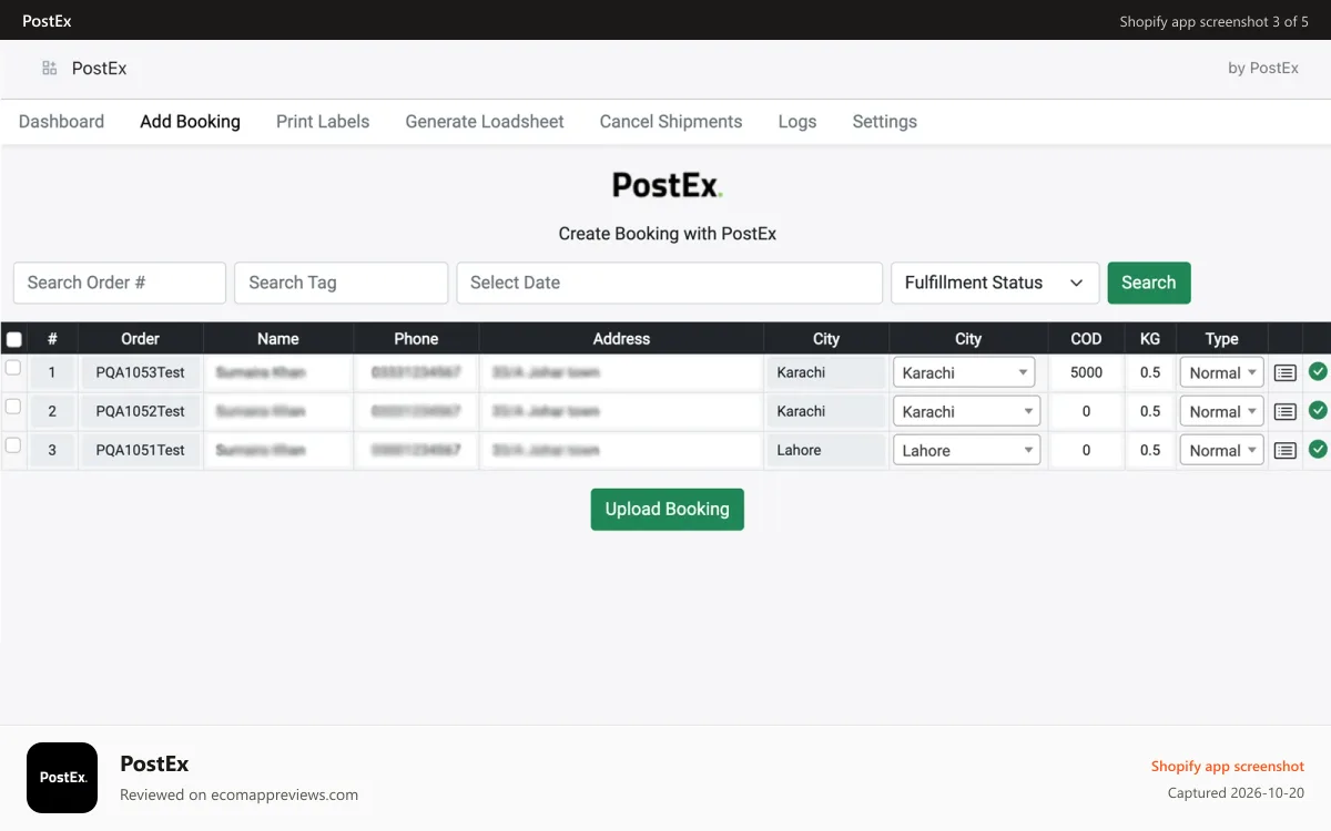 PostEx Shopify app screenshot: Shipment Bookings