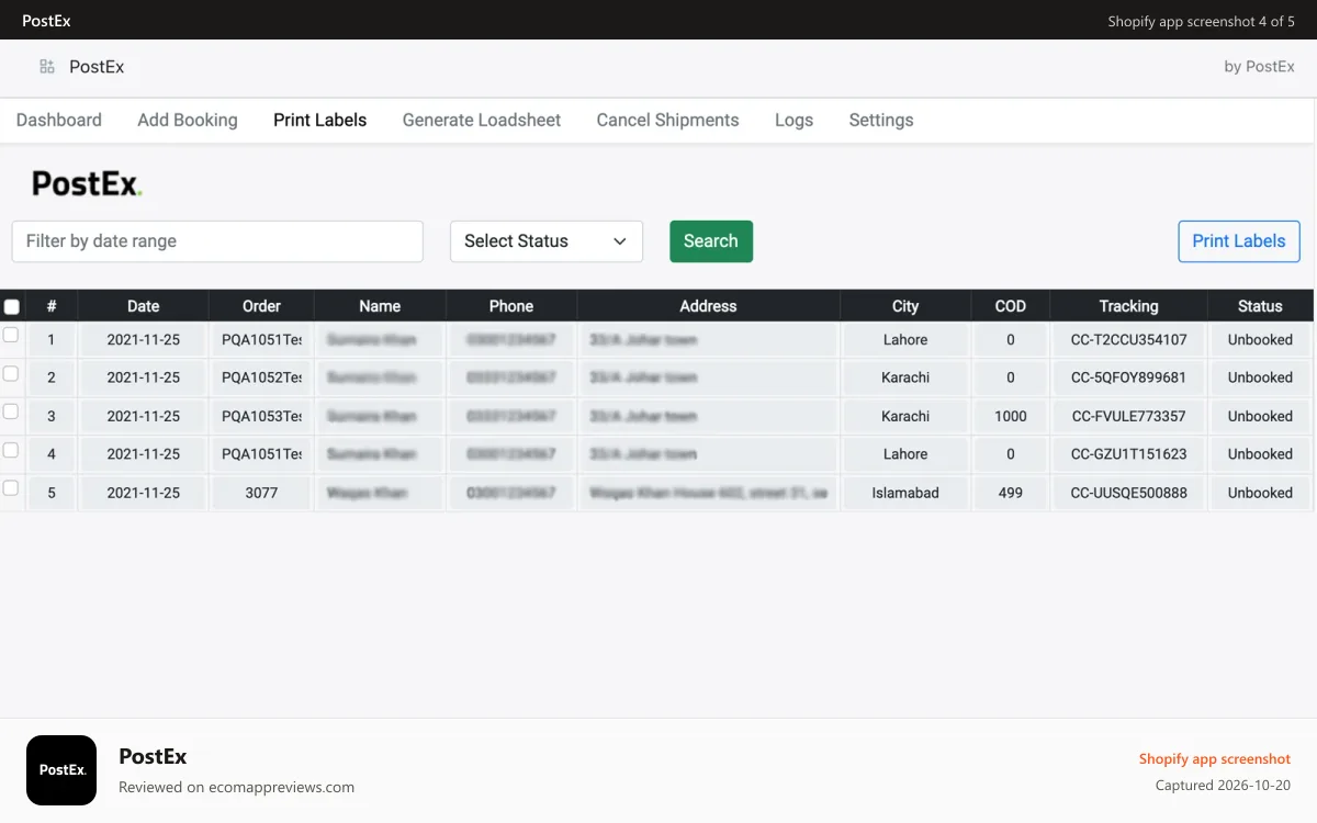 PostEx Shopify app screenshot: Print Labels