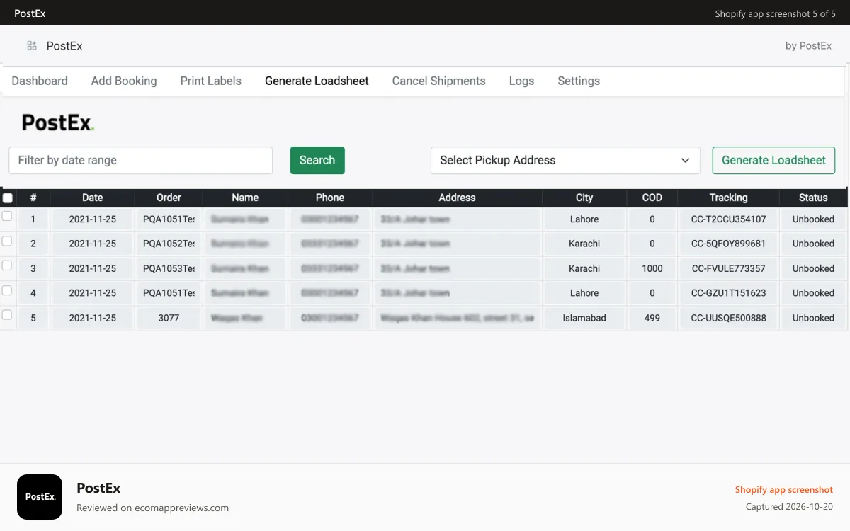 PostEx Shopify app screenshot: Generate Loadsheet