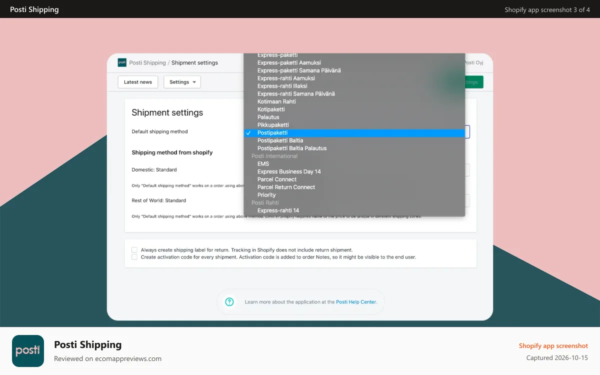 Posti Shipping Shopify app screenshot: Shipment settings