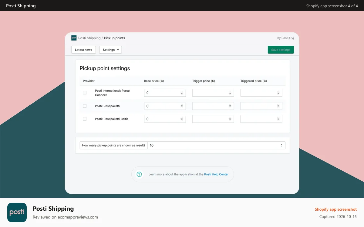Posti Shipping Shopify app screenshot: Pickup point settings