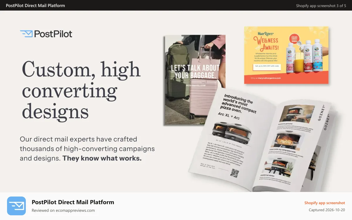 PostPilot Direct Mail Platform Shopify app screenshot: Professional, personalized postcard campaigns.