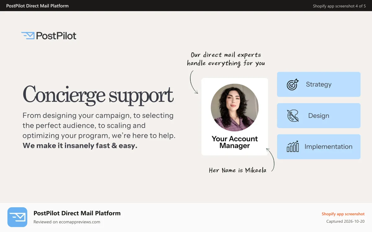 PostPilot Direct Mail Platform Shopify app screenshot: Concierge support from ecom experts.