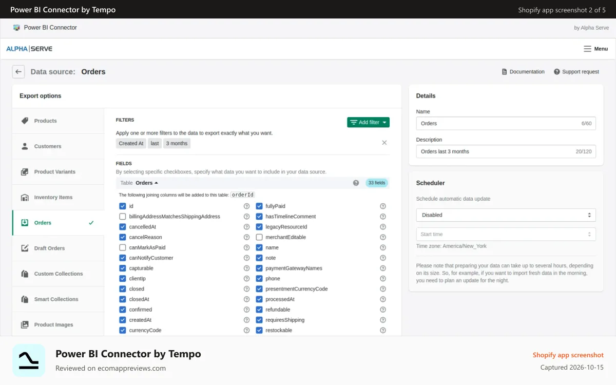 Power BI Connector by Tempo Shopify app screenshot: Select any orders data to export from shopify to power bi