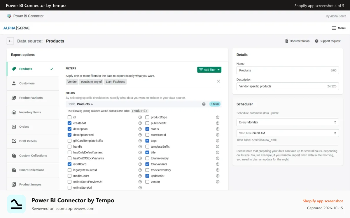 Power BI Connector by Tempo Shopify app screenshot: Select any products data to export from shopify to power bi