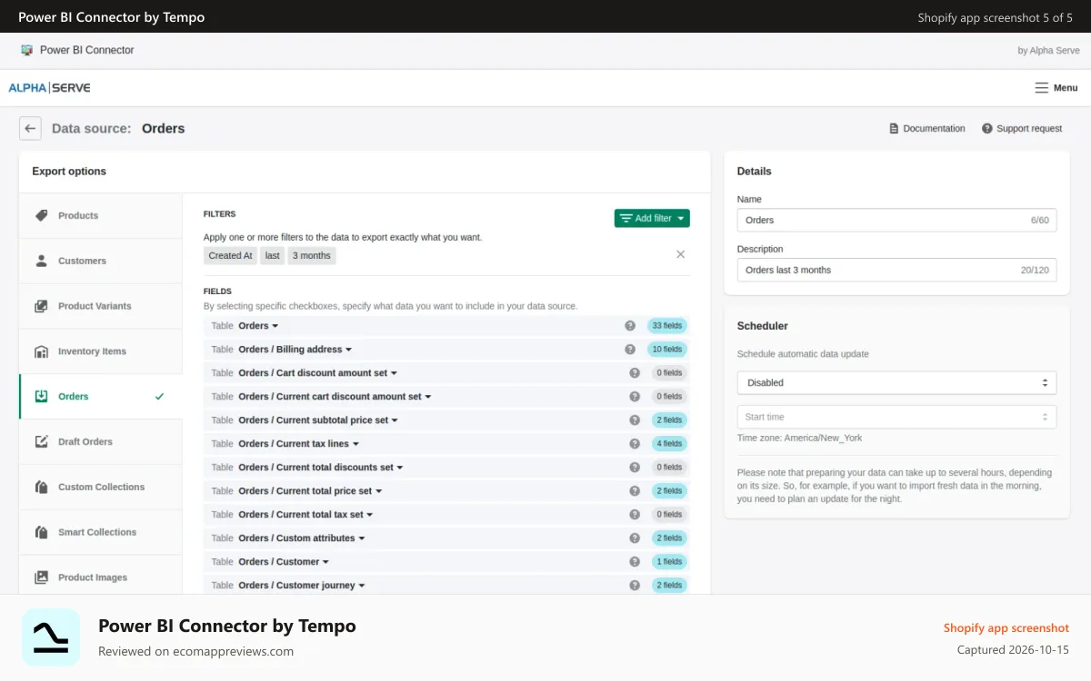 Power BI Connector by Tempo Shopify app screenshot: Select any orders data to export from shopify to power bi
