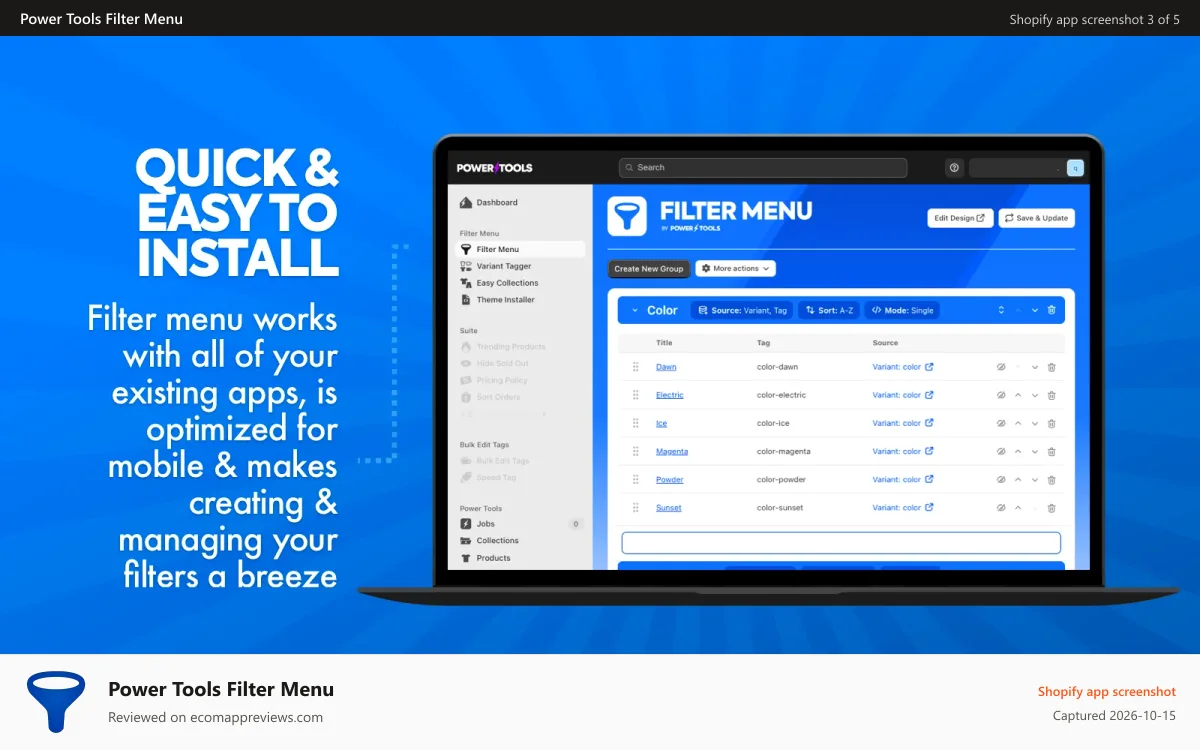 Power Tools Filter Menu Shopify app screenshot: Quick and easy to install, supports all the latest themes