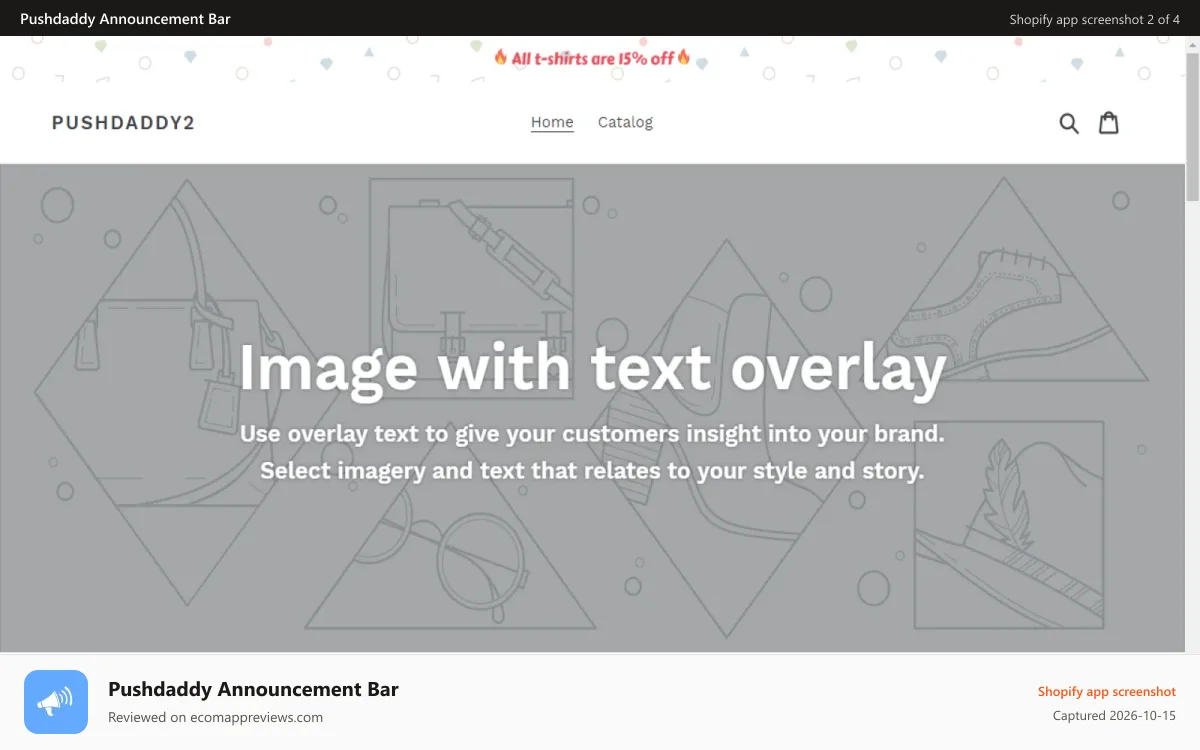 Pushdaddy Announcement Bar Shopify app screenshot: See the top bar. you can add icons even with text