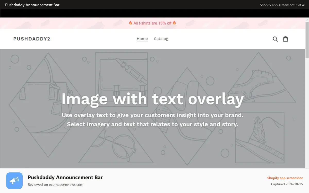 Pushdaddy Announcement Bar Shopify app screenshot: See the top bar. you can add icons even with text