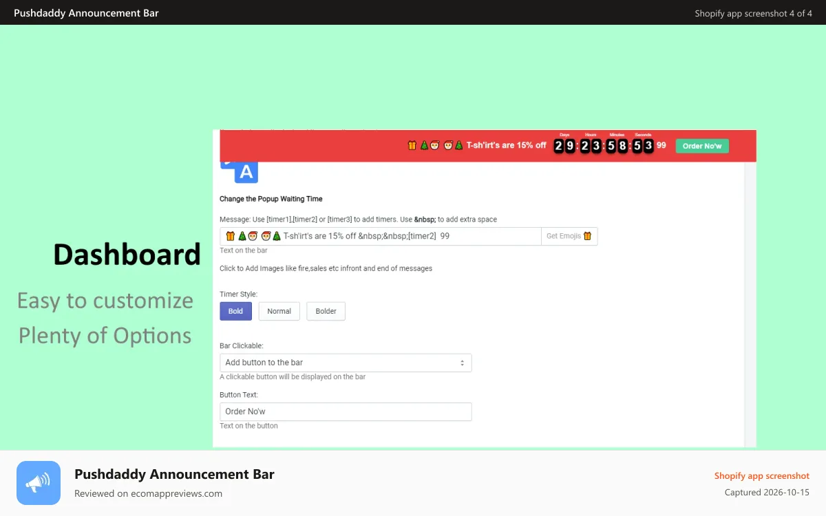 Pushdaddy Announcement Bar Shopify app screenshot: App Dashboard