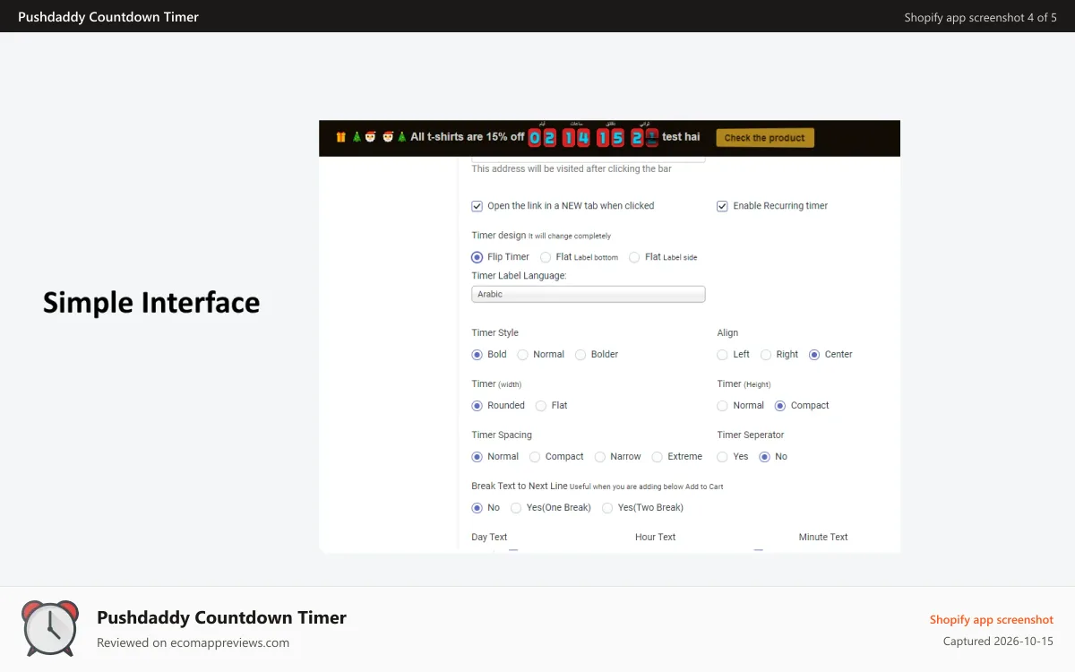 Pushdaddy Countdown Timer Shopify app screenshot: several other optionns