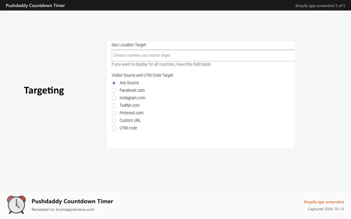 Pushdaddy Countdown Timer Shopify app screenshot: Targeting Options